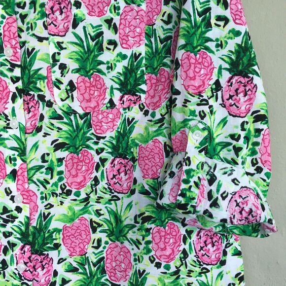 Charter Club Luxury Shirt M Linen Button Up Top Pineapple Print Casual Tropical - Picture 9 of 13